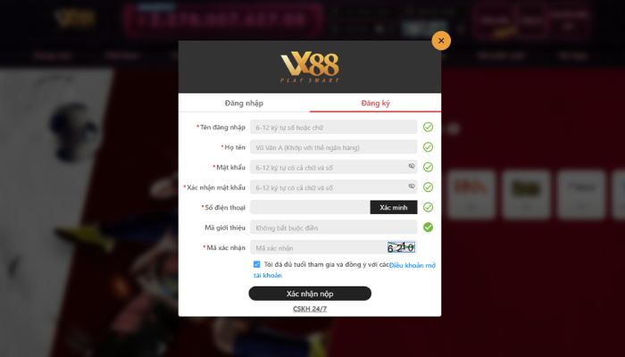 Hình ảnh đăng ký tài khoản VX88