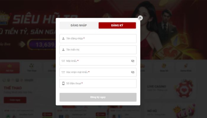 Hình ảnh form đăng ký tài khoản Mibet